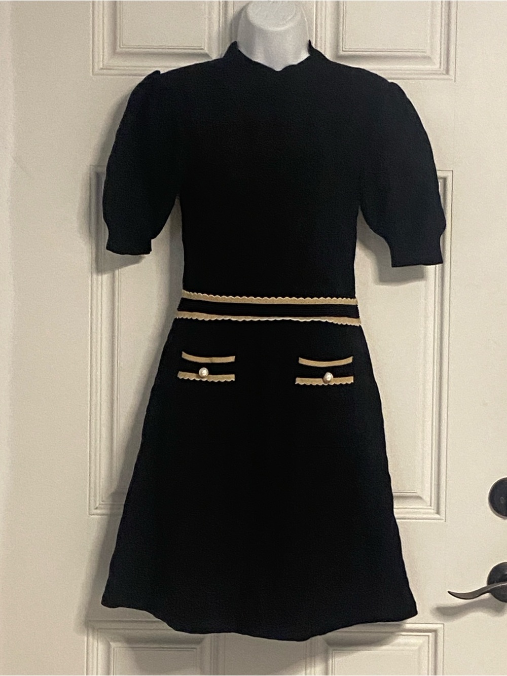 T43- SANDRO PARIS Black Knit Houndstooth Jacquard Beige Scalloped Stripe Dress